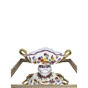 Vintage Asian Flower Butterfly Ceramic Centerpiece Bowl with Gold Handles Trim,